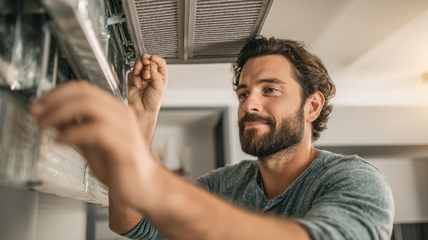 Bewoner vervangt een filter van een wtw installatie voor een gezonde en schone binnenlucht.