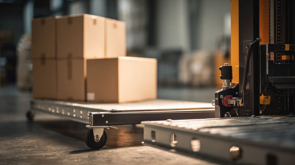 Close-up van een pallettruck naast een stapel dozen op een rolbaan in een magazijn