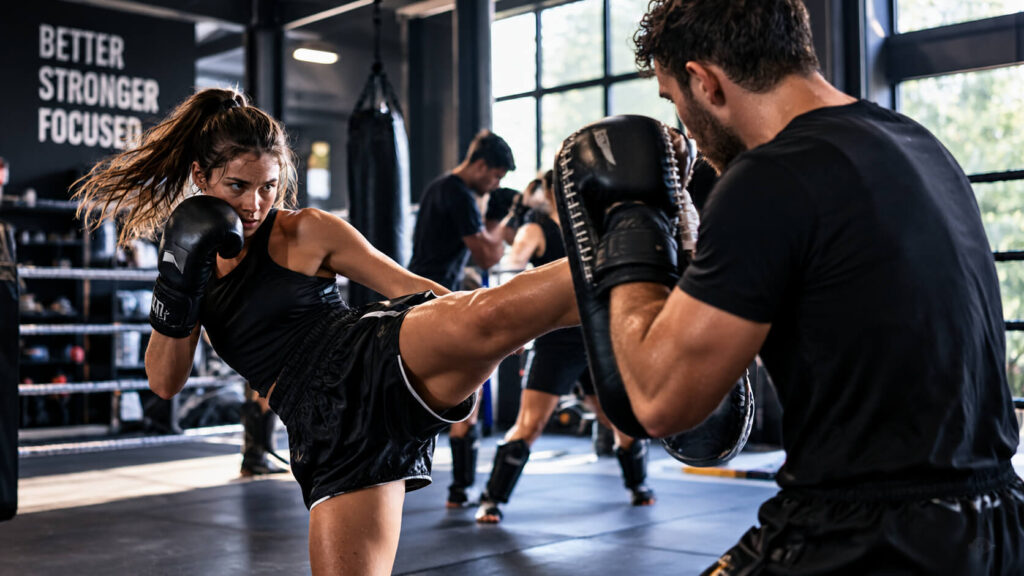 Kickbokster trapt tegen een stootkussen dat een trainer vasthoudt tijdens een groepstraining in een vechtsportschool