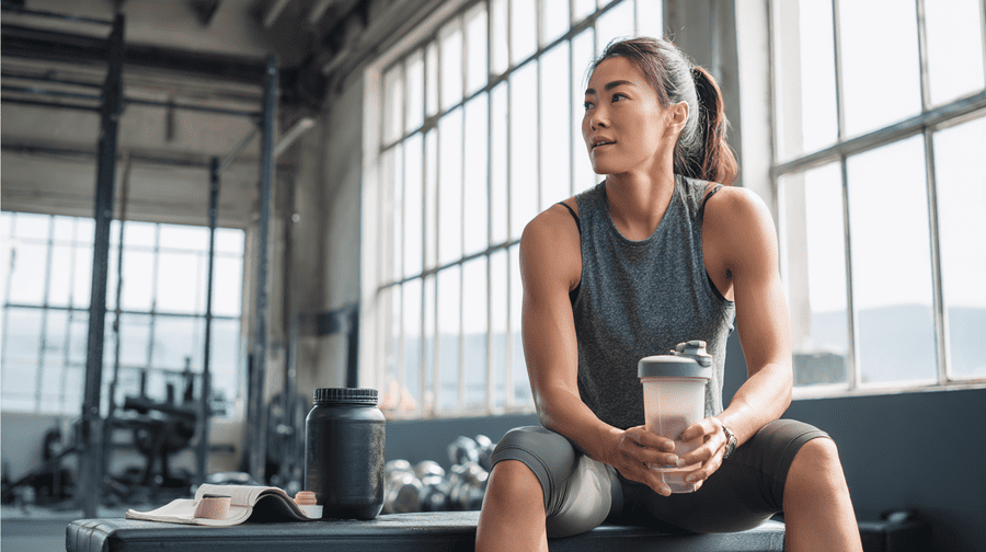fitness vrouw met pre workout shake