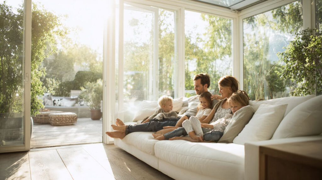 Gezin ontspant in een lichte woonkamer met frisse lucht dankzij een goed werkende wtw installatie.