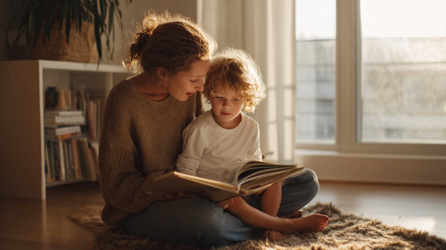 Moeder en zoontje lezen samen een prentenboek op een vloerkleed, terwijl warm licht door de woonkamer valt