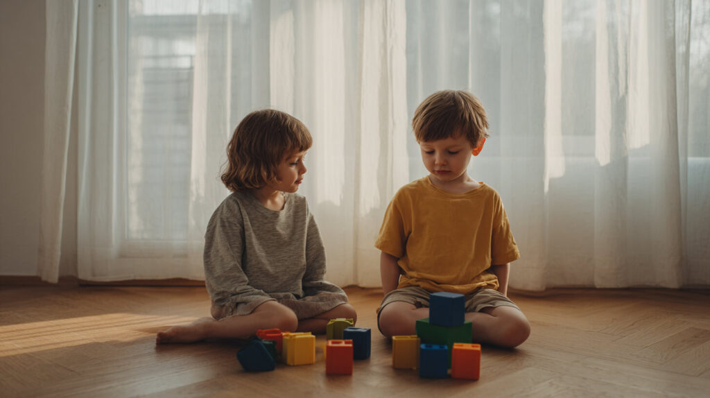 Twee kleuters zitten tegenover elkaar op de vloer en spelen met gekleurde blokken tijdens het samen spelen