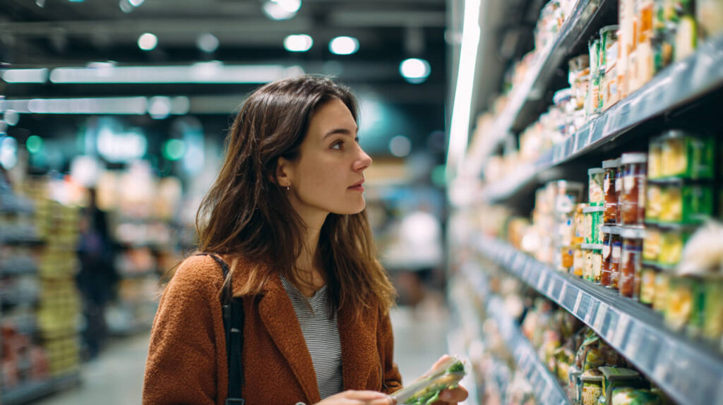 Consument bekijkt producten in de supermarkt met aandacht voor transparantie over ingrediënten.