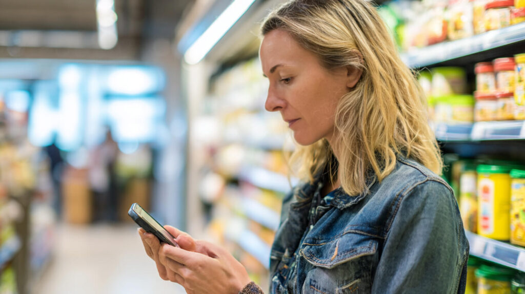 Klant controleert productinformatie op een smartphone vanwege transparantie over ingrediënten.