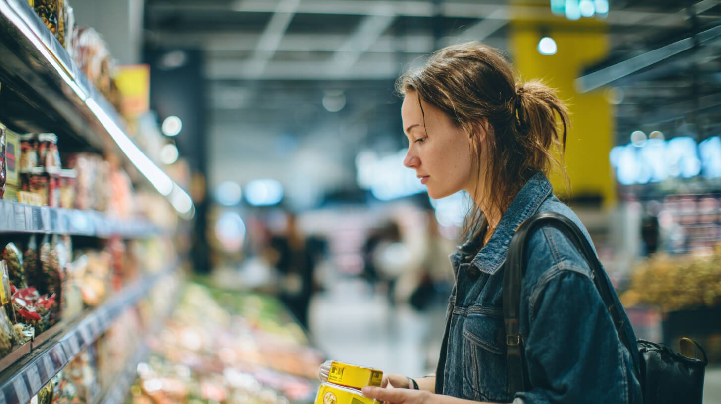 Consument vergelijkt verpakkingen in de winkel en let op transparantie over ingrediënten.