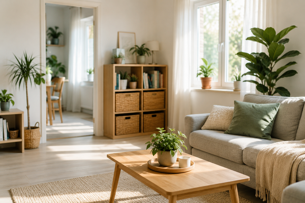 Licht en opgeruimd interieur met minimalistische inrichting, natuurlijke materialen en veel daglicht voor een rustige woonomgeving.