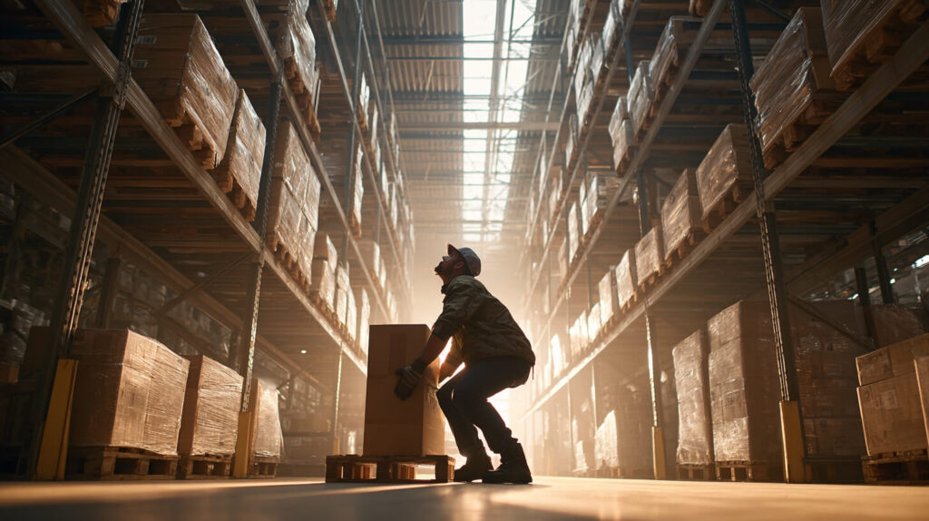 Magazijnmedewerker tilt een doos met gebogen knieën in een hoog magazijn met stellingen vol pallets, tegenlicht door een dakraam