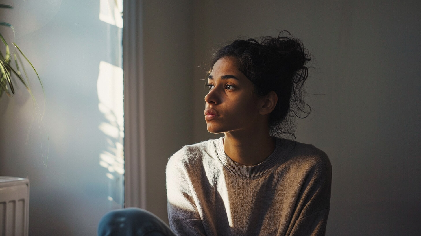 Vrouw kijkt nadenkend uit raam als voorbeeld van mentale stress signalen