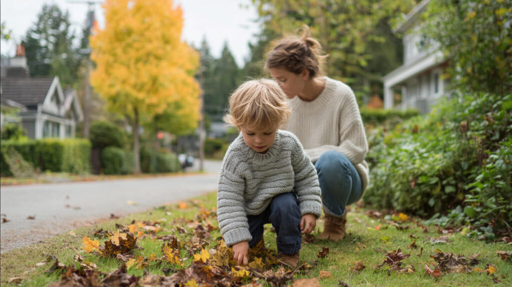 Moeder en peuter ontdekken samen gevallen herfstbladeren op het gras voor een woonhuis