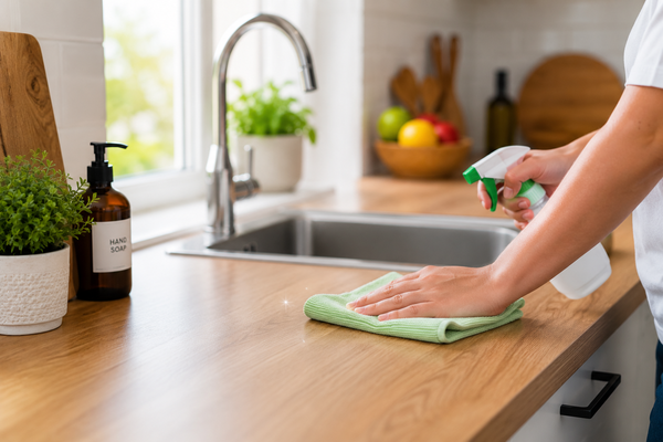 Persoon maakt een houten keukenblad schoon met een microvezeldoek en schoonmaakspray in een moderne keuken