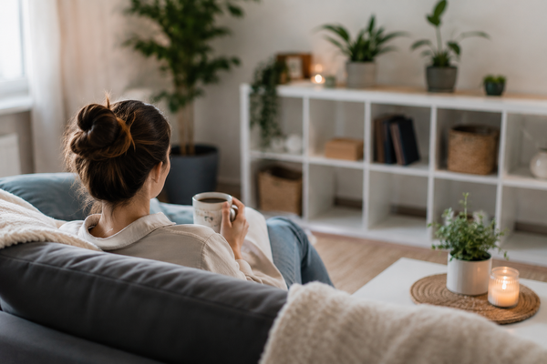 Persoon ontspant met een kop koffie in een rustige en opgeruimde woonkamer met warme verlichting en minimalistische inrichting
