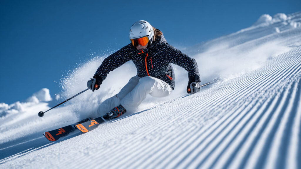Ski techniek tijdens een scherpe carvebocht met focus op balans, houding en controle.