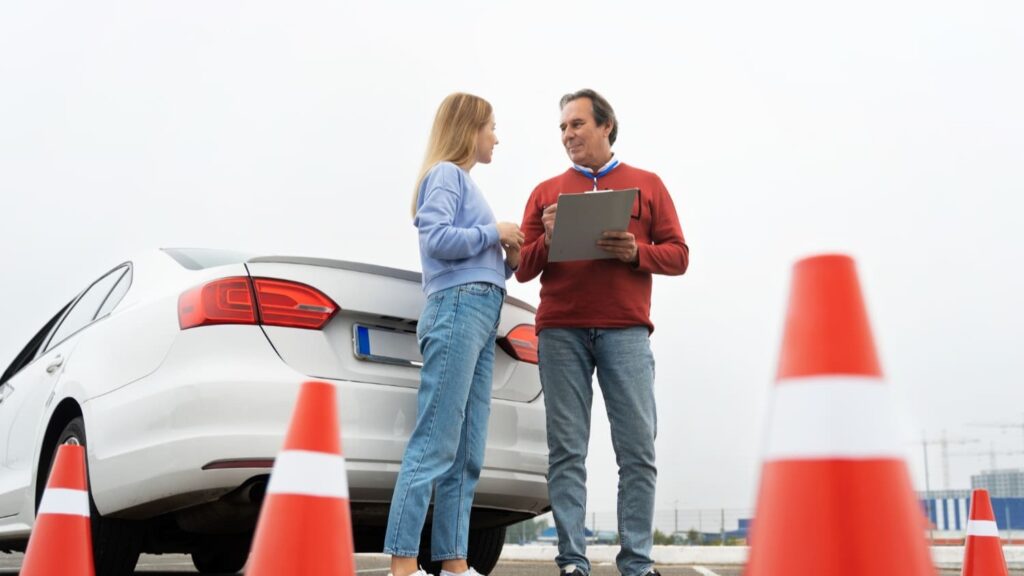 Rijangst verminderen tijdens rijles met instructeur naast leerling bij oefenparcours met pionnen