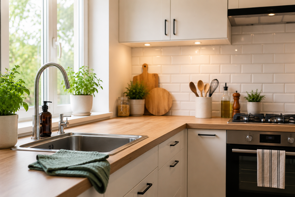 Schone moderne keuken met houten werkblad, witte keukenkasten en een opgeruimd aanrecht voor gezond koken