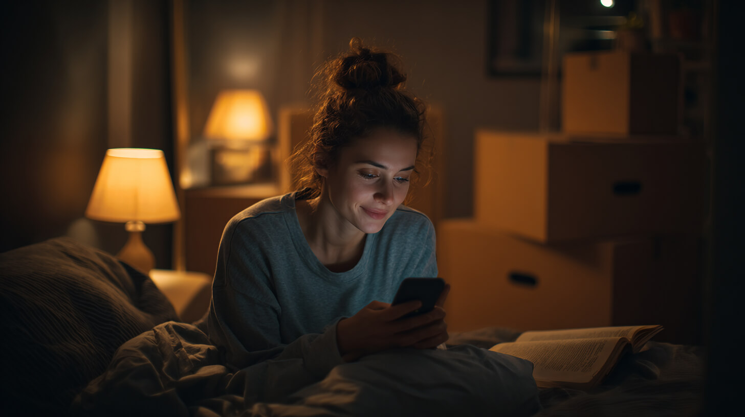 Vrouw kijkt voor het slapengaan op haar telefoon tijdens een verhuizing en verstoort haar vast slaapritme.