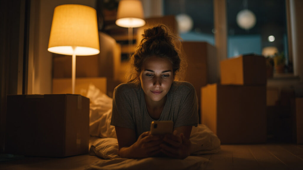 Vrouw gebruikt haar telefoon tussen verhuisdozen, wat invloed kan hebben op een vast slaapritme.