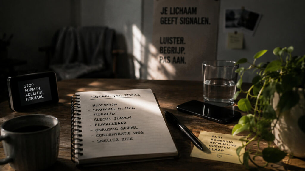 Notitieboek met overzicht van stress signalen en tips voor herstel en balans