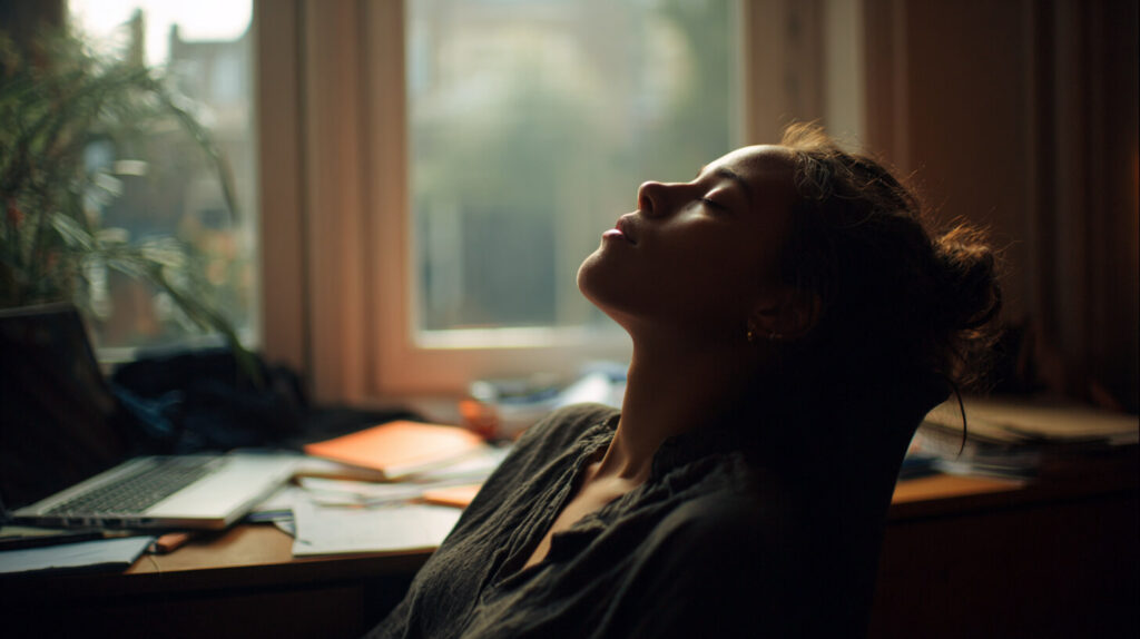 Vrouw leunt met het hoofd achterover en ogen dicht bij een raam vol licht, terwijl haar bureau met laptop en aantekeningen op de achtergrond wacht