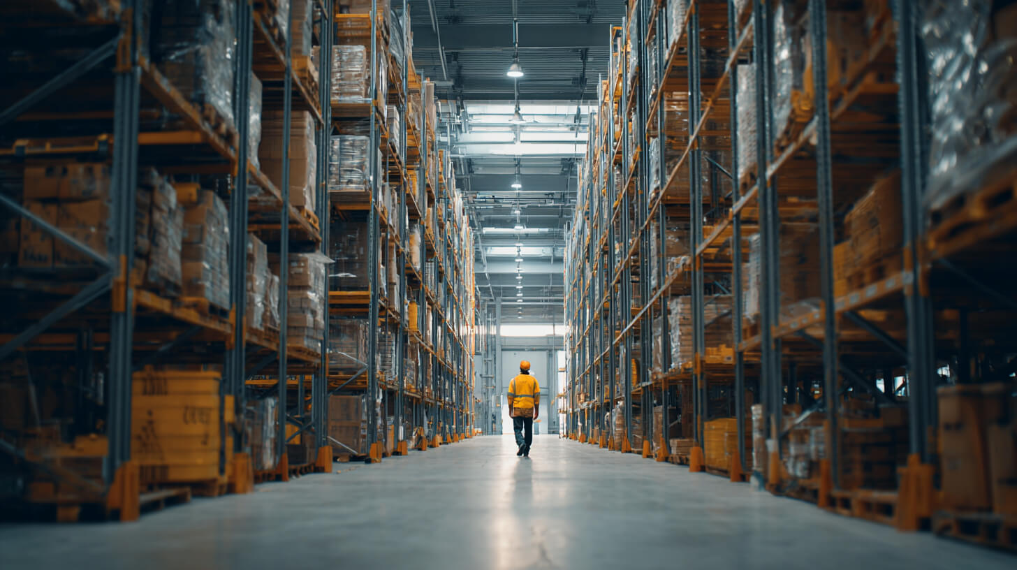 Medewerker in oranje veiligheidskleding loopt door een lang magazijnpad tussen hoge stellingen vol gestapelde dozen en pallets