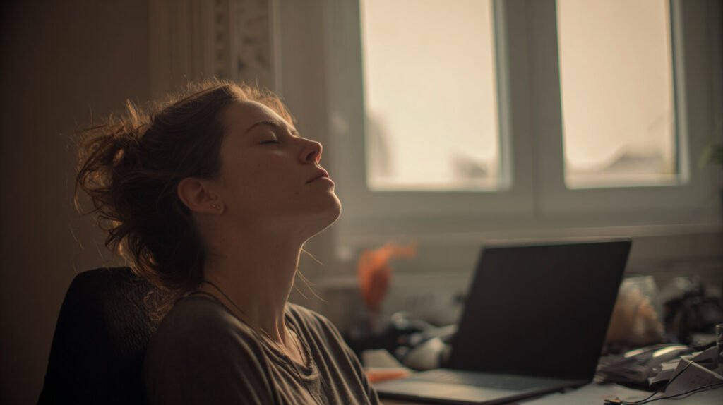 Vrouw leunt met gesloten ogen achterover in bureaustoel bij een raam, even herademend tussen het werk aan haar laptop door