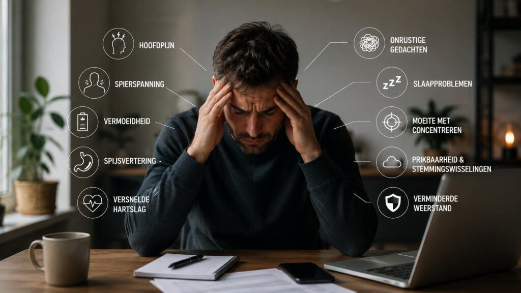 Man ervaart stress signalen zoals hoofdpijn en vermoeidheid tijdens werk
